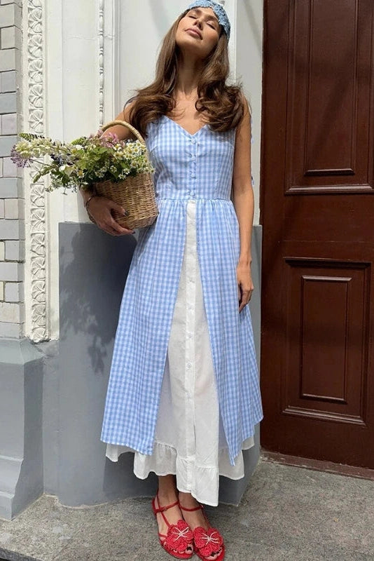 Glorol - Elegant Plaid Patchwork Two-Piece Single-Breasted Midi Dress