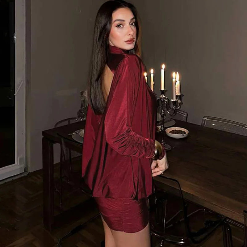 Glorol - High Neck Patchwork High Waist Backless Mini Dress