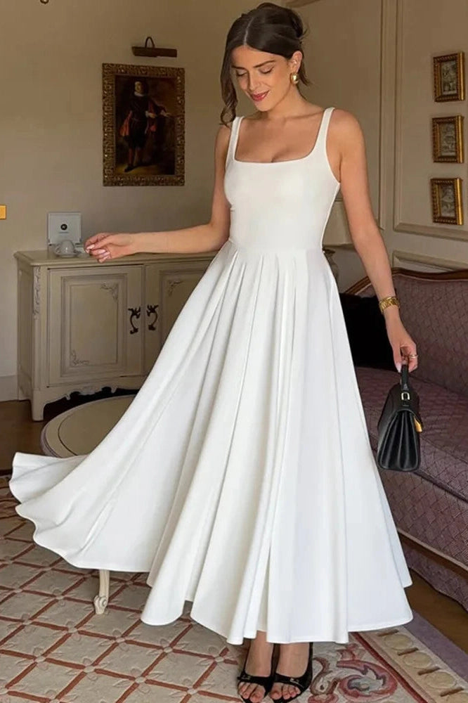 Glorol - Spaghetti Strap Backless High Waist A-line Pleated Maxi Dress