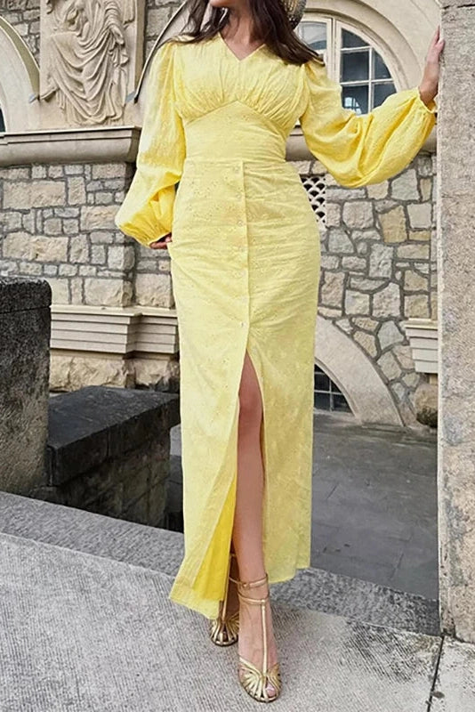 Glorol - Elegant Hollow Out V-Neck High Waist Lantern Sleeve Maxi Dress