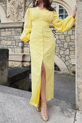 Glorol - Elegant Hollow Out V-Neck High Waist Lantern Sleeve Maxi Dress