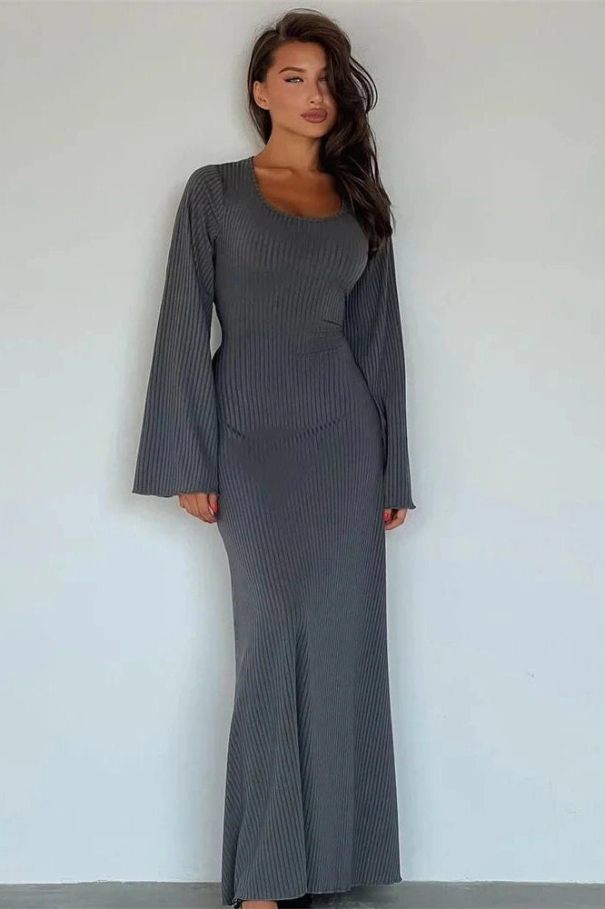 Glorol - Lace-Up Long Sleeve Slim Loose Maxi Dress