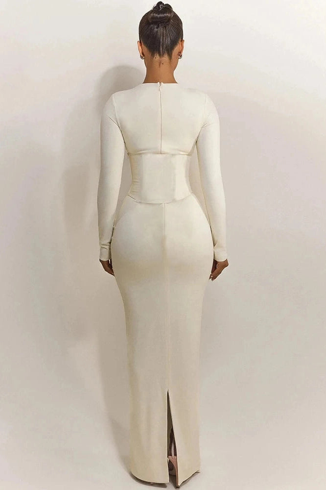 Glorol - Long Sleeve High Waist Split Zipper O Neck Bodycon Maxi Dress