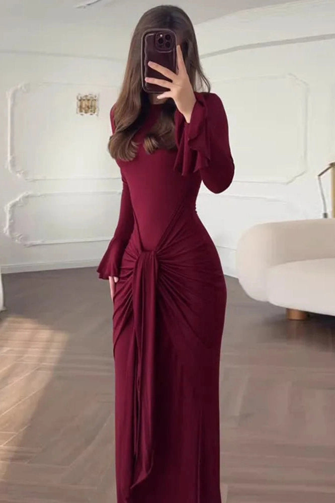 Glorol - Elegant Long Sleeve O Neck High Waist Maxi Dress
