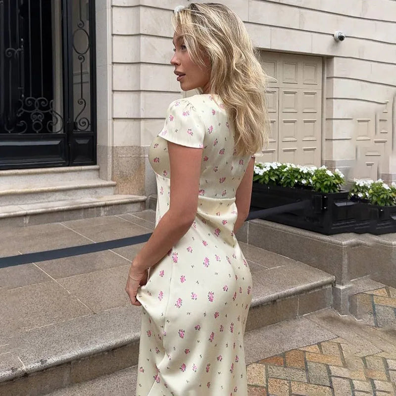 Glorol - Printed Short Sleeve V Neck High Waist Midi Dress