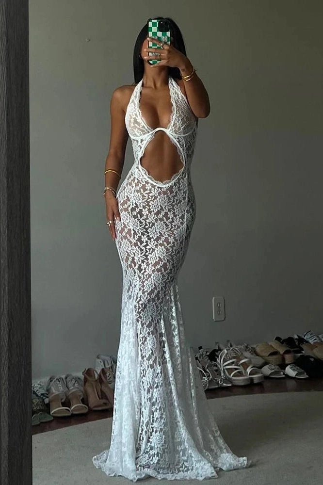 Glorol - Lace Printed Backless See-Through Patchwork Maxi Dress