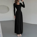 Glorol - Elegant Square Neck Patchwork Long Sleeve Maxi Dress