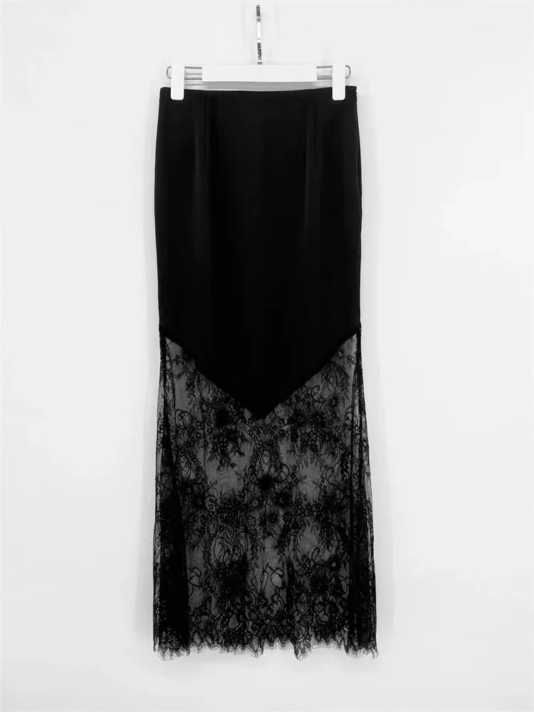 Glorol - High Waist Printed Lace Patchwork See-Through Skirt