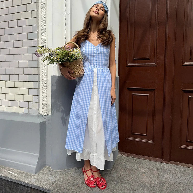 Glorol - Plaid Printed Single Breasted Maxi Dress
