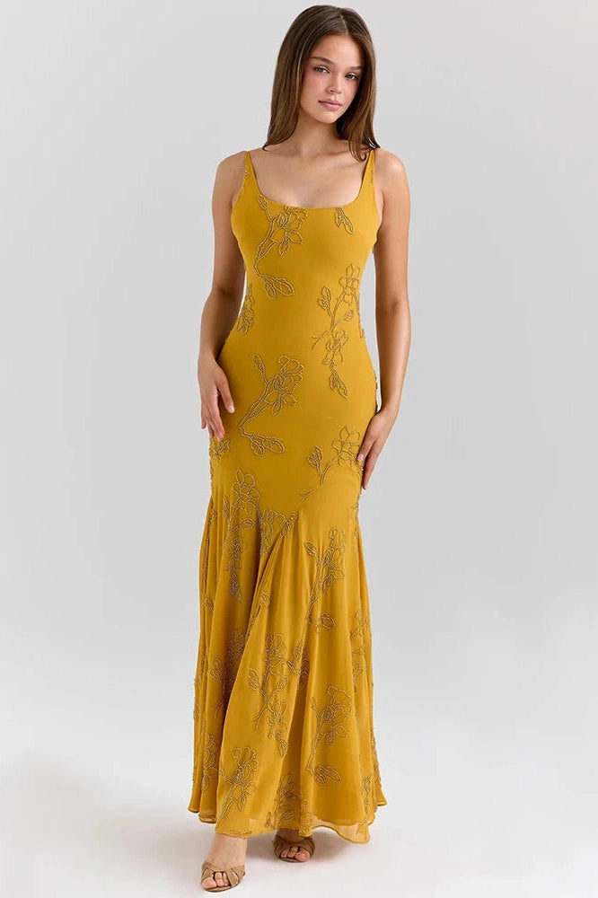 Glorol - Spaghetti Strap Backless Sleeveless Lace-Up Bodycon Maxi Dress