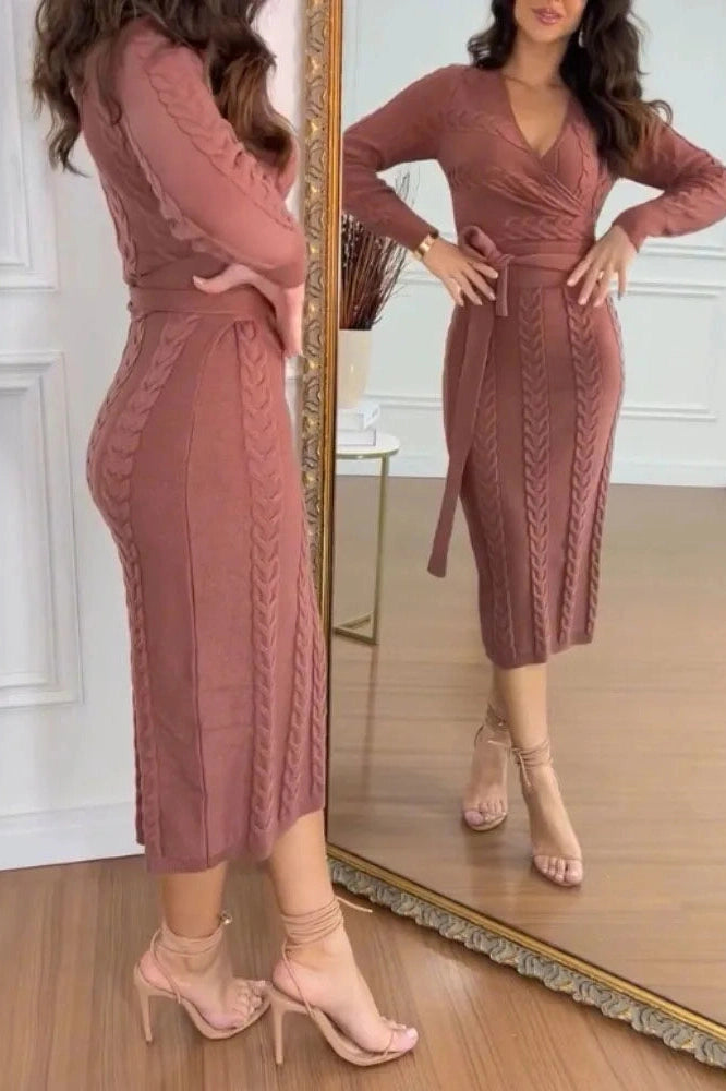 Glorol - Long Sleeve Slim High Waist V-Neck Midi Dress