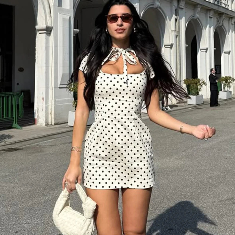 Glorol - Elegant Polka Dot Lace-Up Hollow Out Mini Dress