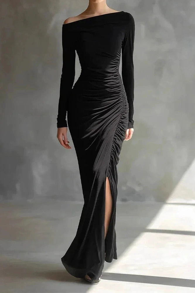 Glorol - Elegant High Waist Split Long Sleeve Slash Collar Maxi Dress