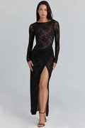 Glorol - Lace Long Sleeve O Neck High Waist High Split Maxi Dress