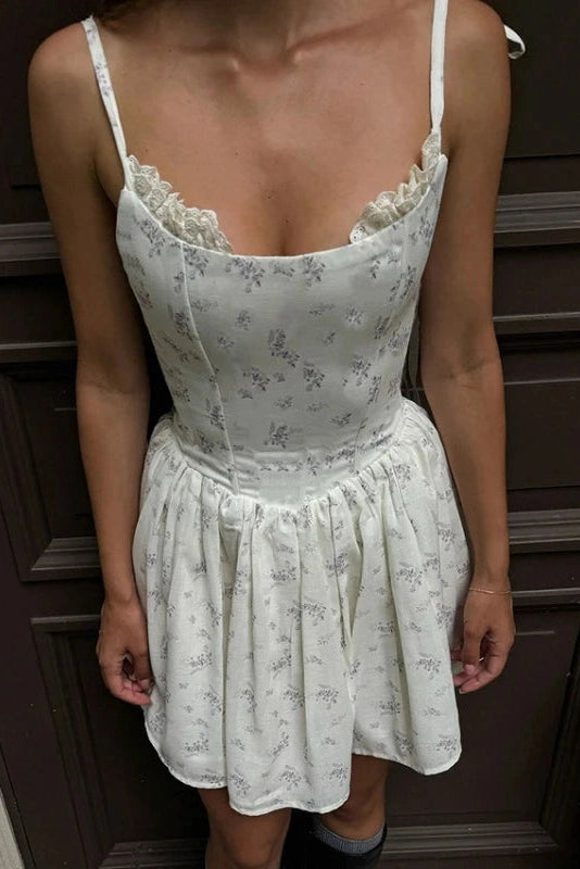 Glorol - Elegant Floral Print Pleated Straps Sleeveless Slim Mini Dress