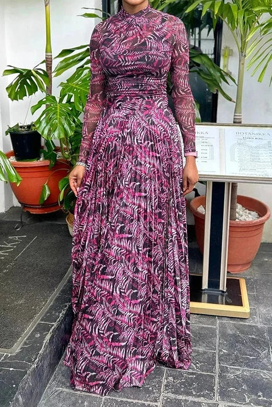 Long Sleeve Printed Slim Pleated High Waist Maxi Dress