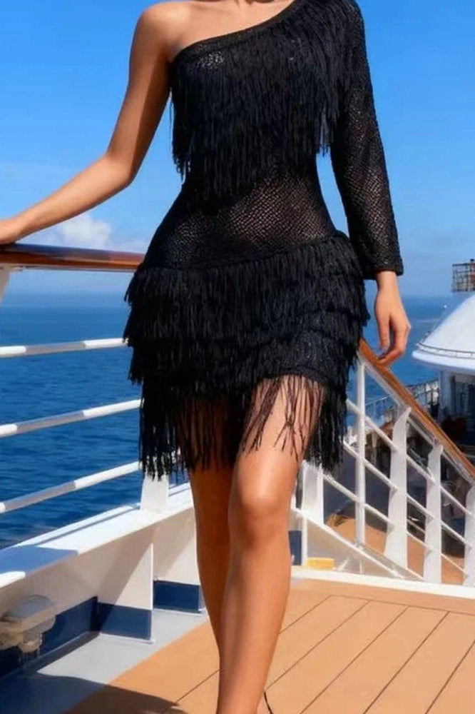Glorol - Hollow Out High Waist Pleated Slash Collar Mini Dress