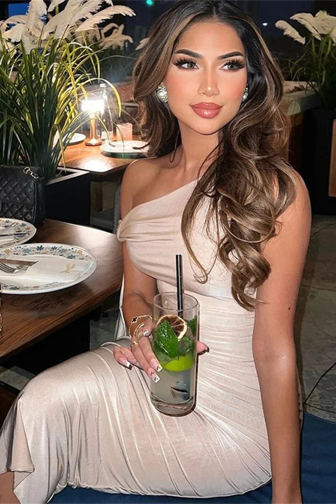 Glorol - One-Shoulder Patchwork Slim Sleeveless Midi Dress