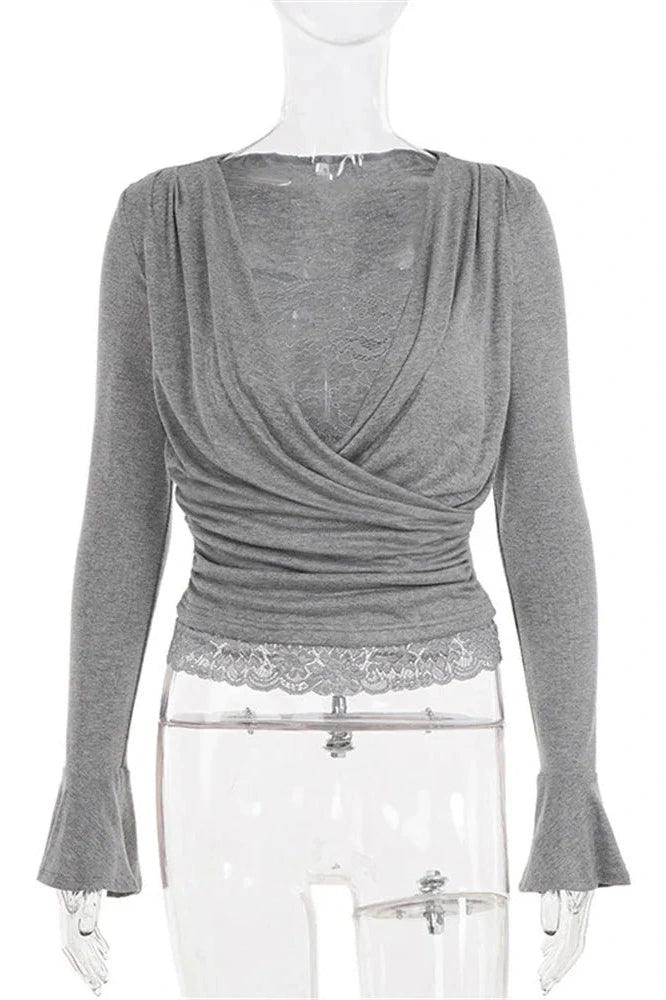 Glorol - Lace Patchwork Pleated Long Sleeve V-Neck Printed Top