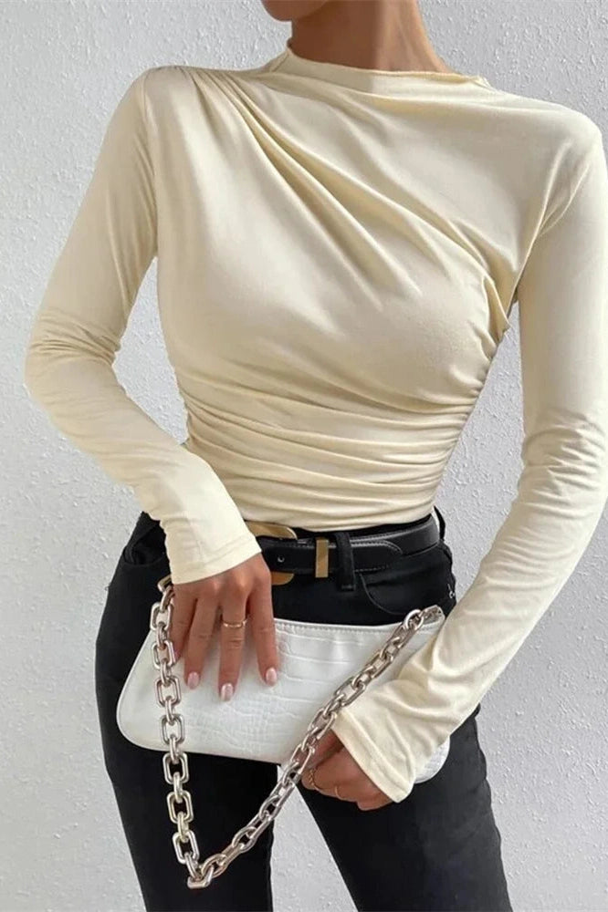 Glorol - Pleated Patchwork Long Sleeve Top