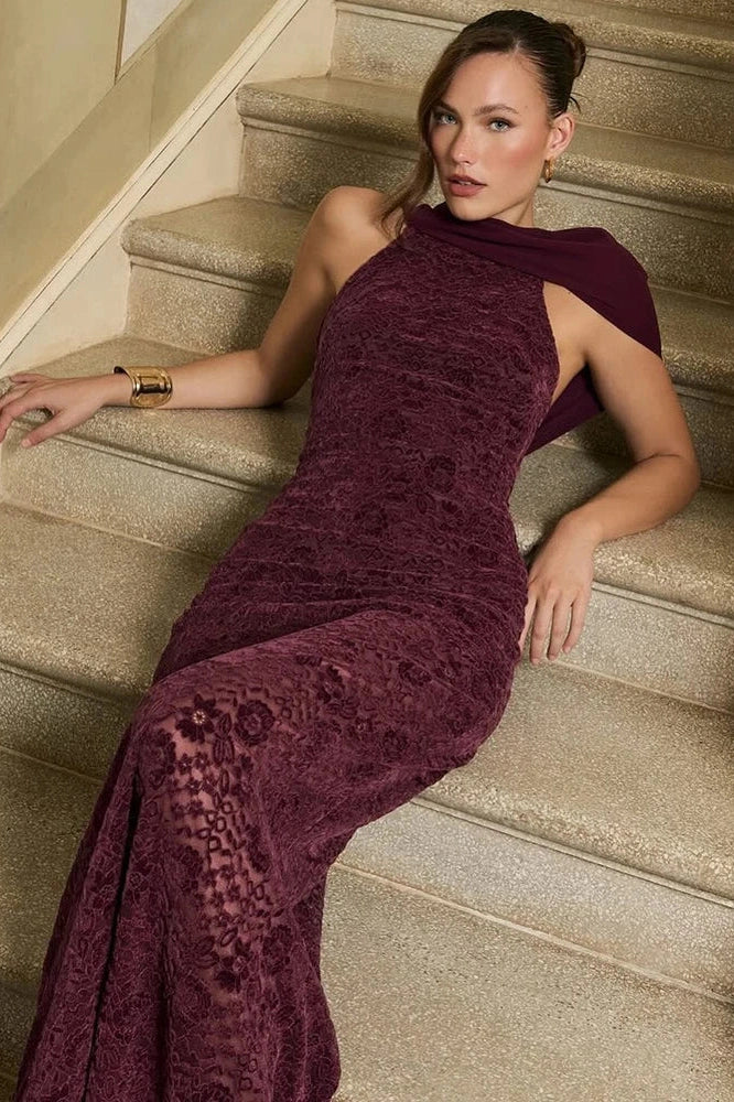 Glorol - Off-Shoulder Backless Lace Sleeveless High Waist Bodycon Maxi Dress