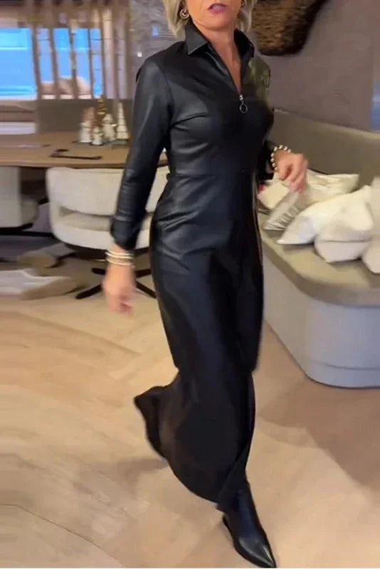 Zipper Long Sleeve Bodycon PU Leather Maxi Dress