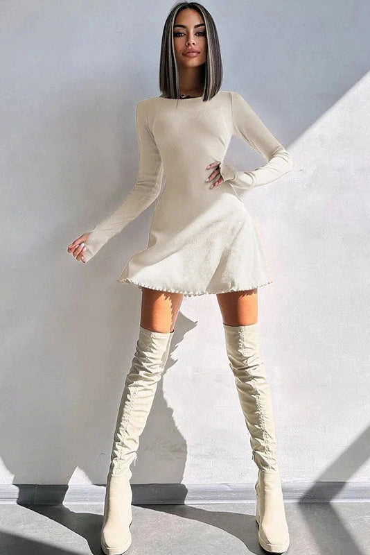 Glorol - Long Sleeve O Neck Lace-up Mini Dress