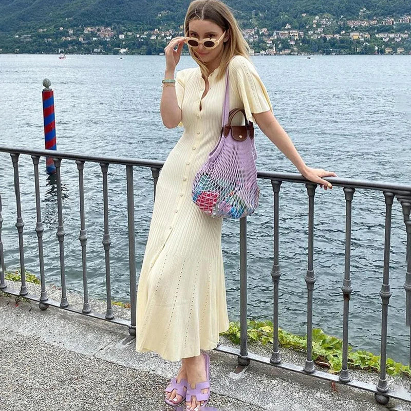Glorol - O-Neck Short Sleeve Single Breasted Slim Midi Dress