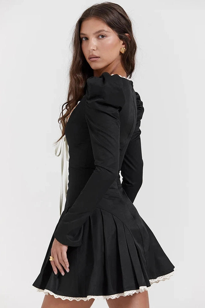 Glorol - Lace Bandage Square Collar Puff Sleeve Mini Dress