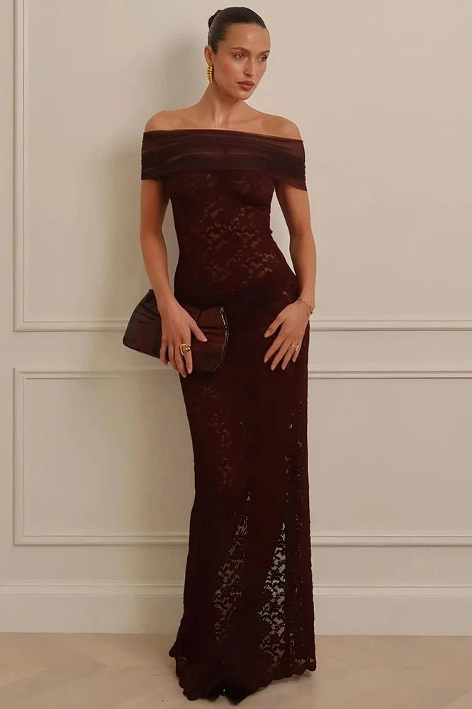 Glorol - Lace Off-Shoulder See Through Strapless Sleeveless Split Bodycon Maxi Dress