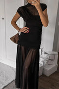 Glorol - Elegant Pleated Slim Sleeveless Turtleneck Maxi Dress