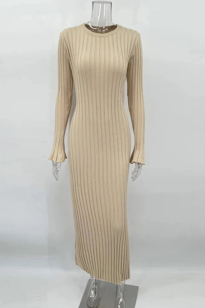 Glorol - Lace-Up High Waist Patchwork Long Sleeve Maxi Dress