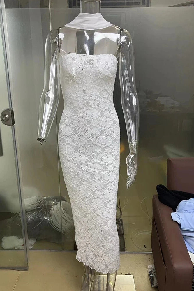 Glorol - Lace See Through Off-shoulder Strapless Sleeveless Midi Dress