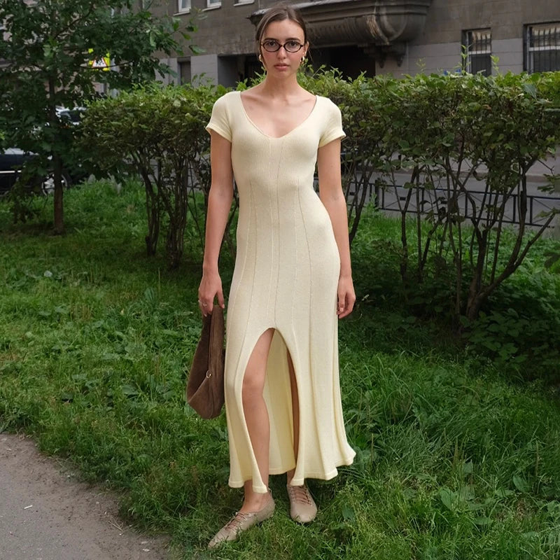Glorol - Knitted V-Neck Slit Short Sleeve Slim Maxi Dress
