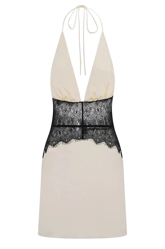 Glorol - Lace Patchwork V Neck Sleeveless Backless High Waist Mini Dress