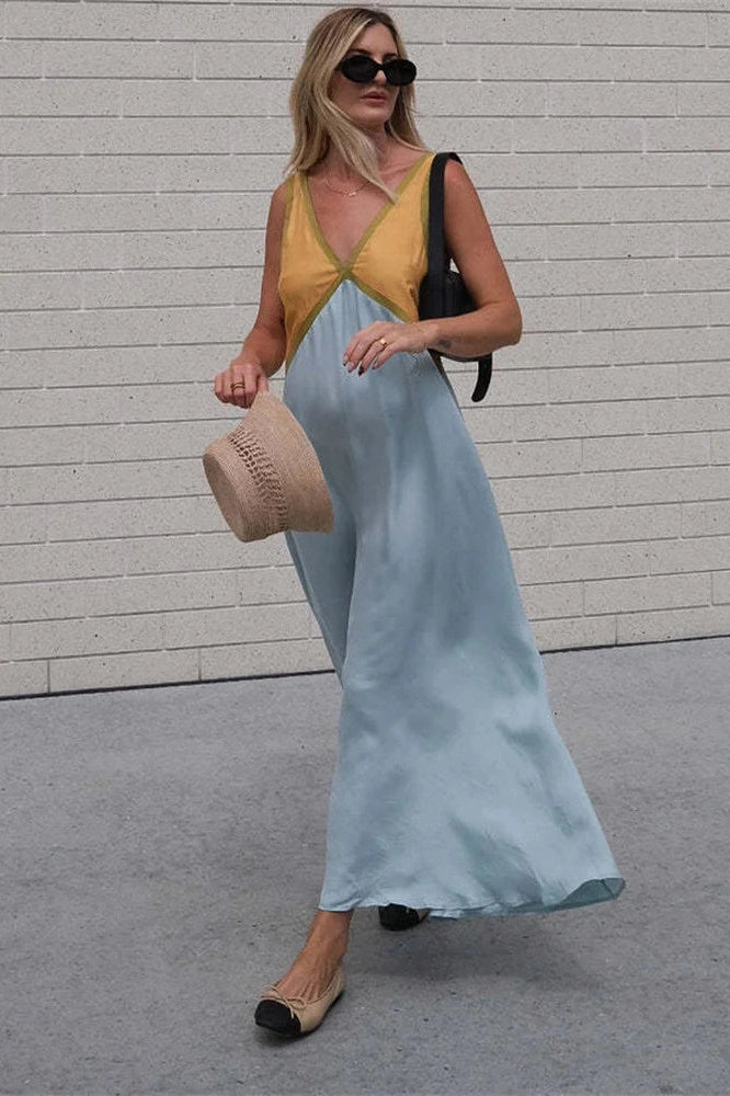 Glorol - Patchwork V-Neck Strapless Sleeveless Slim Maxi Dress