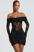 Glorol - Off-Shoulder Strapless Lace See Through Long Sleeve Mini Dress