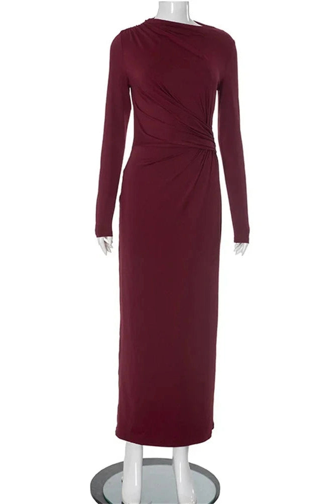 Glorol - Pleated Slim High Waist Long Sleeve Patchwork Maxi Dress