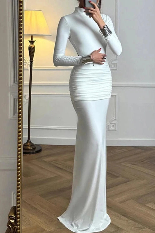 Glorol - Elegant Slim Turtleneck Long Sleeve Backless Pleated High Waist Maxi Dress