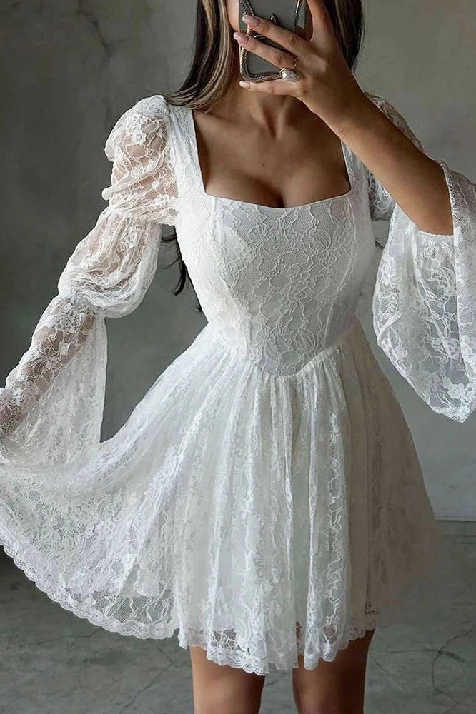 Glorol - Elegant Pleated Square Collar Flare Sleeve Lace High Waist Mini Dress
