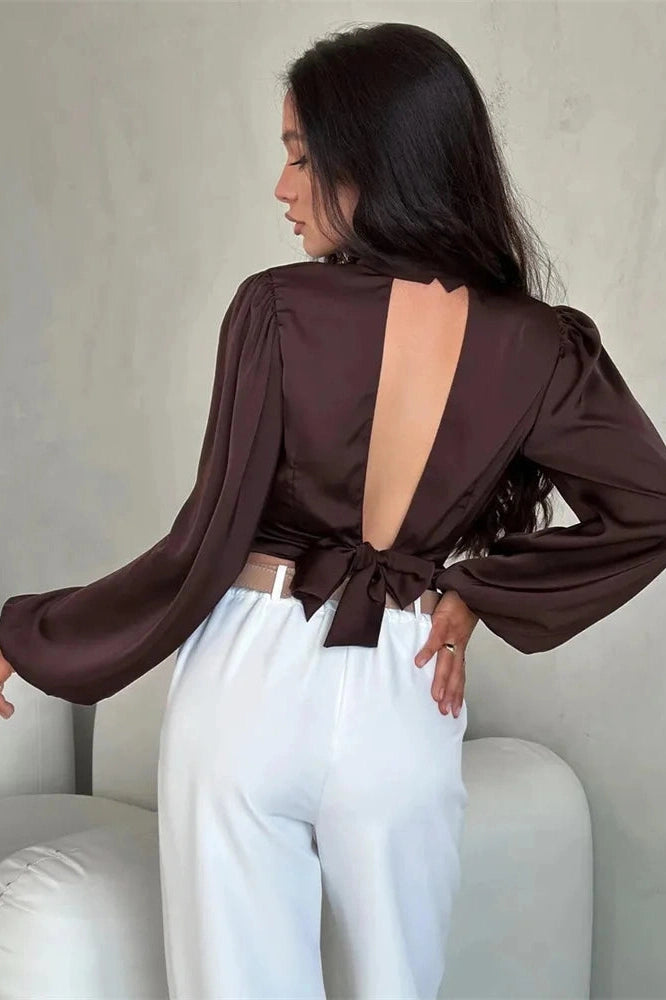Glorol - Backless Long Sleeve Patchwork Top