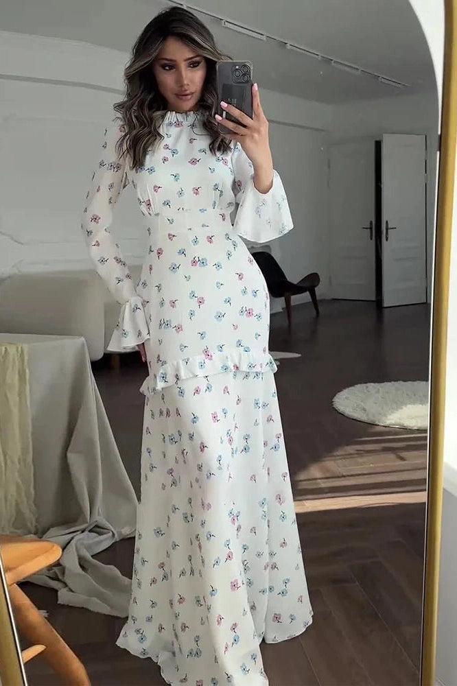 Glorol - Printed Long Sleeve Slim Fit Lace Maxi Dress
