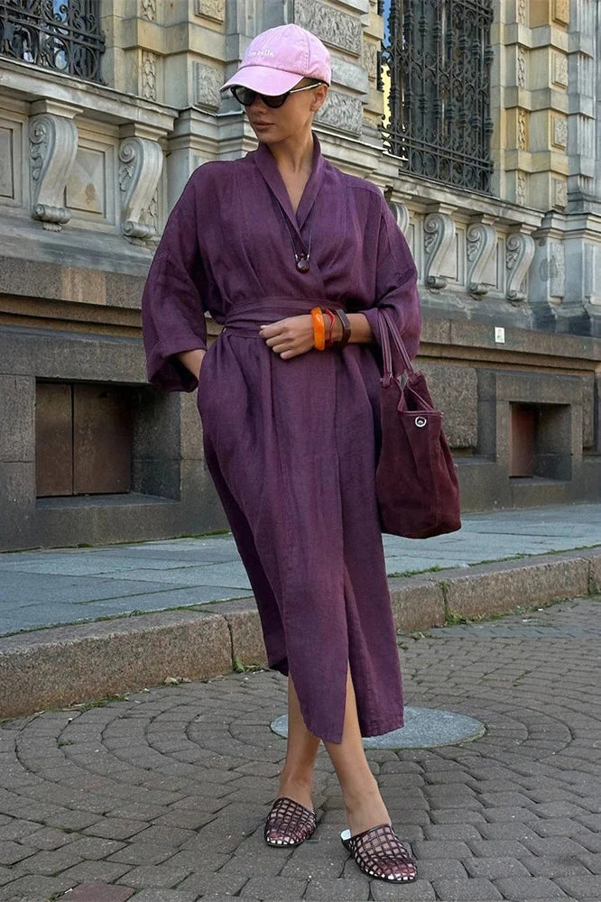 Glorol - Lace-Up High Waist V-Neck Midi Dress