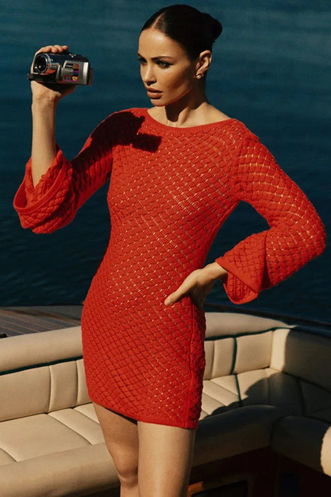 Glorol - Backless Long Sleeve Knit See Through Mini Dress