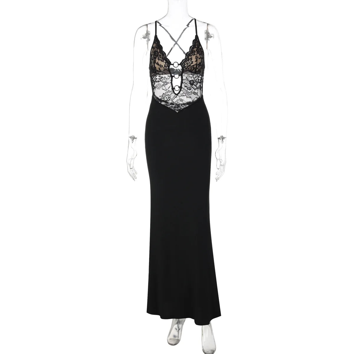 Glorol - Hollow Spaghetti Strap Lace Slim Maxi Dress