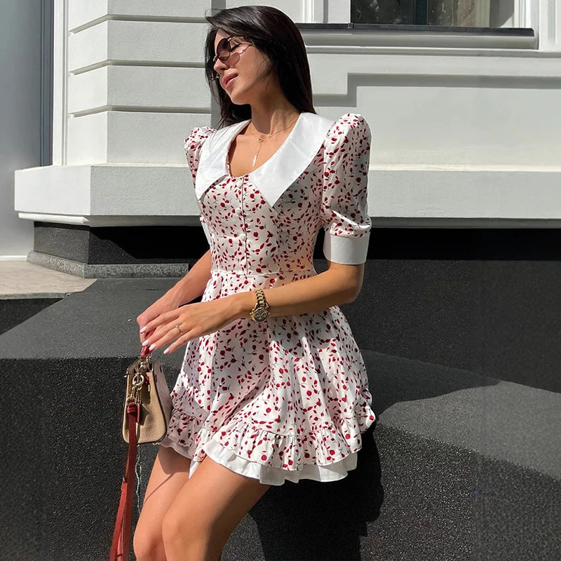 Glorol - Printed Short Sleeve High Waist Mini Dress
