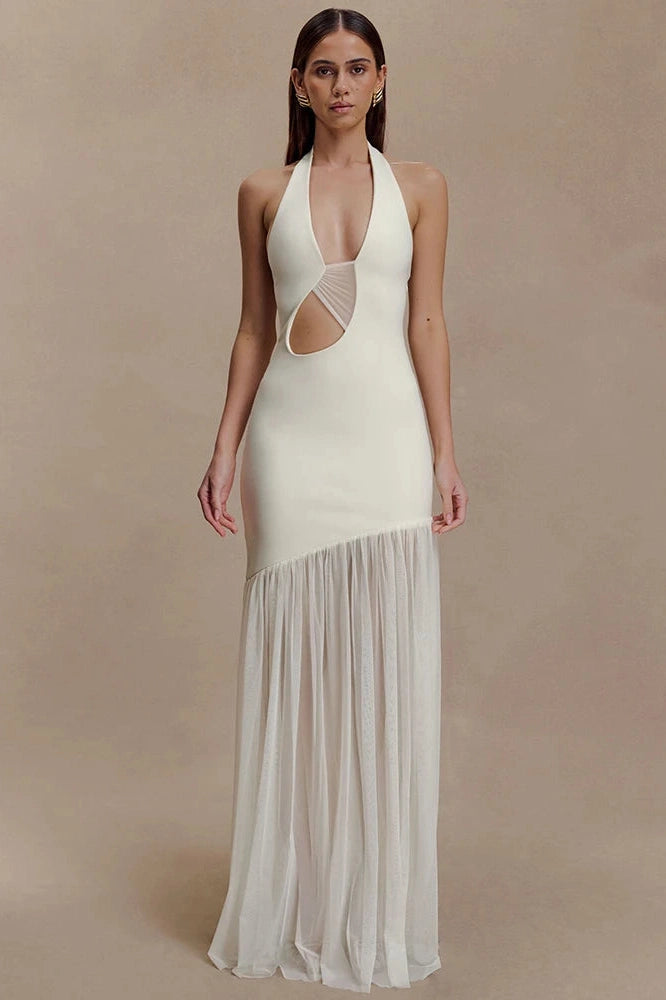 Glorol - Hollow Out Backless Patchwork V Neck Sleeveless Bodycon Maxi Dress
