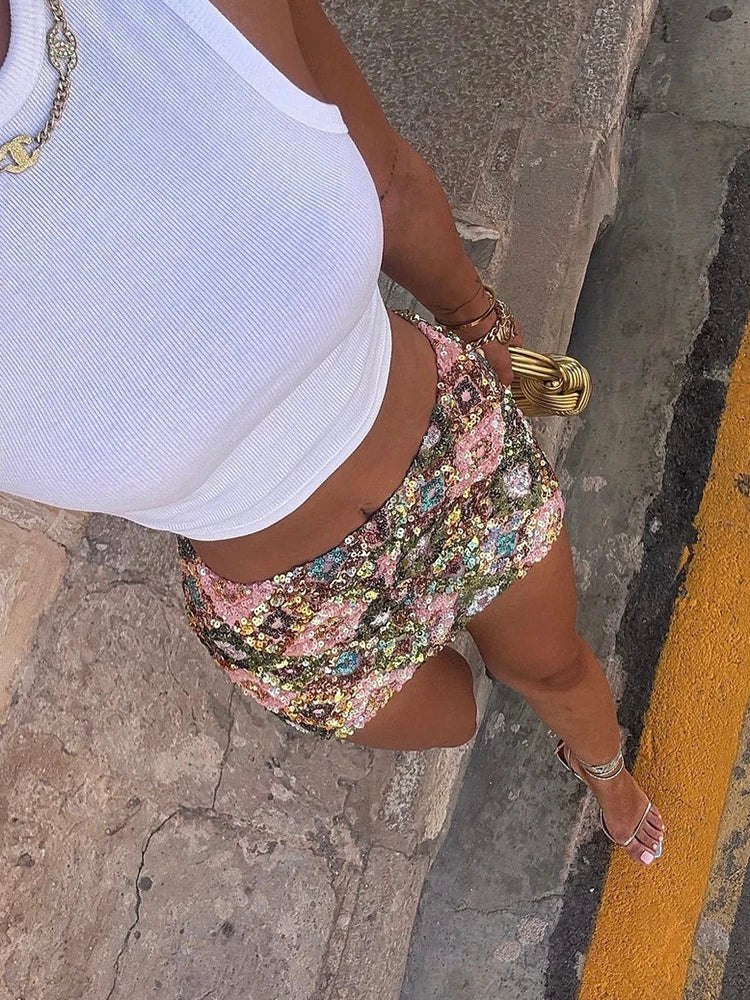 Glorol - High Waist A-Line Sparkle Sequins Skirt