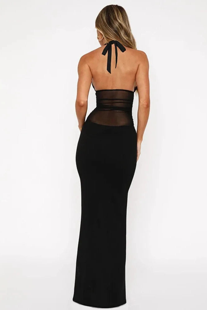 Glorol - See Through Deep V Neck Sleeveless Backless Bodycon Maxi Dress