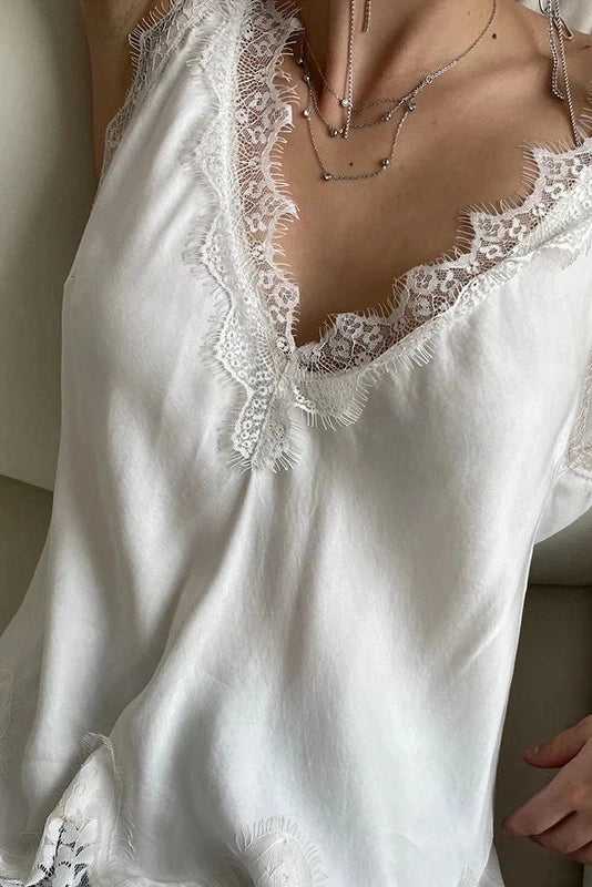 Glorol - Lace Deep V-Neck Sleeveless Loose Top